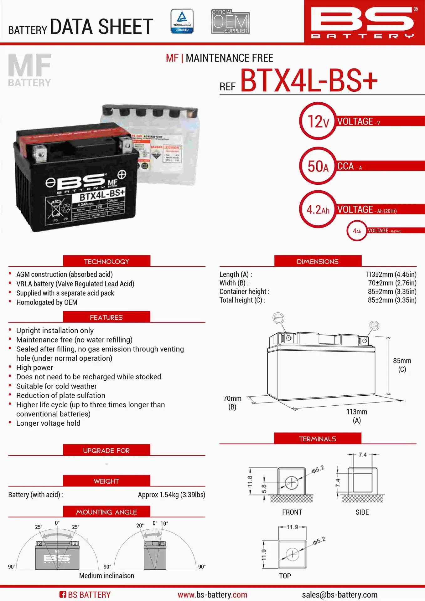 BS akumulátor BTX4L-BS+ (YTX4L-BS) 12V 4AH 113X70X85 bezúdržbový - elektrolyt zvlášť (50A) (zvýšená kapacita) UE48 - nahrazuje 300819 (8) (BS)