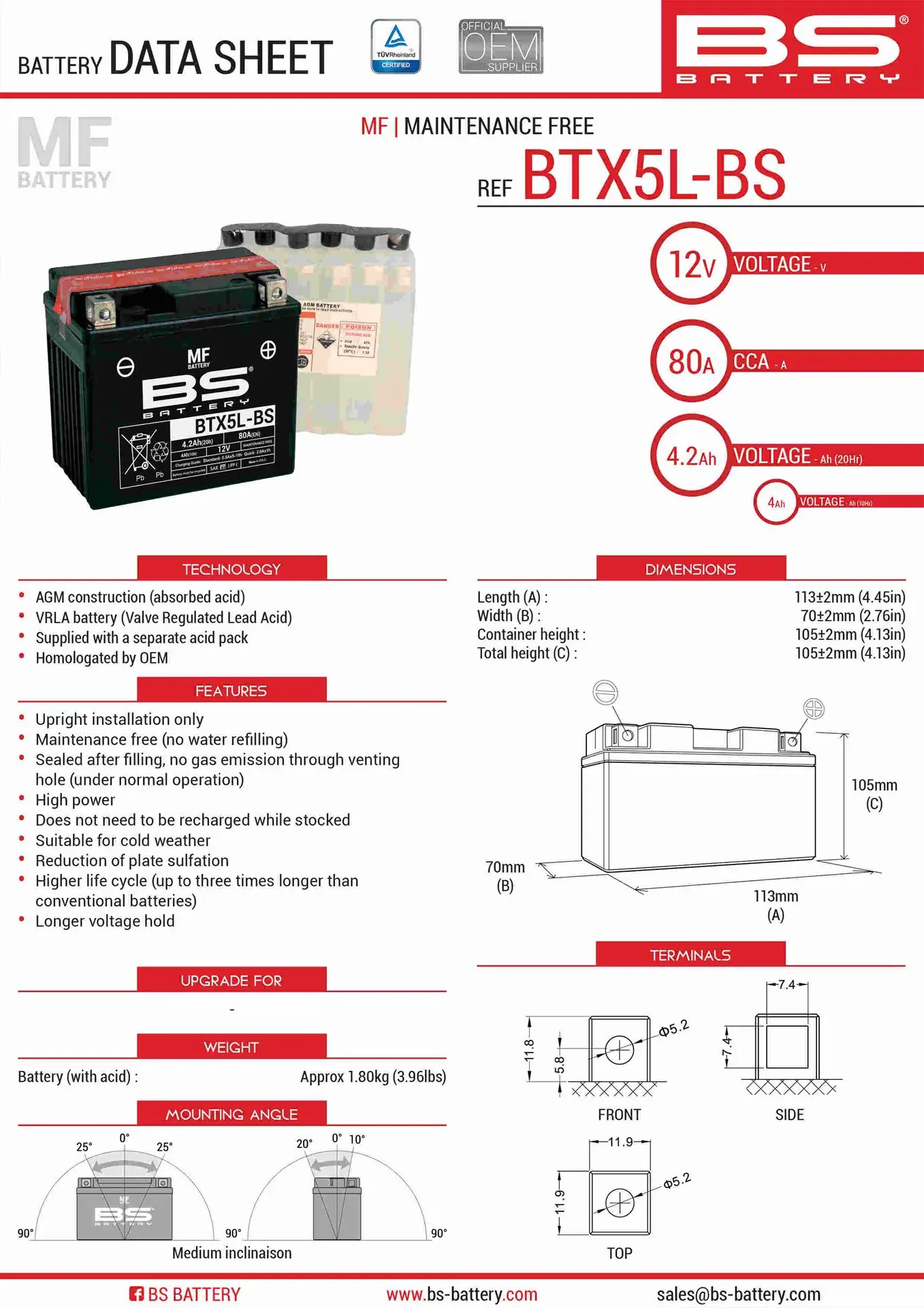 BS akumulátor BTX5L-BS (YTX5L-BS) 12V 4AH 114X71X106 bezúdržbový - elektrolyt zvlášť (70A) UE48 (8) (BS akumulátor BTX5L-BS (YTX5L-BS) 12V 4AH)