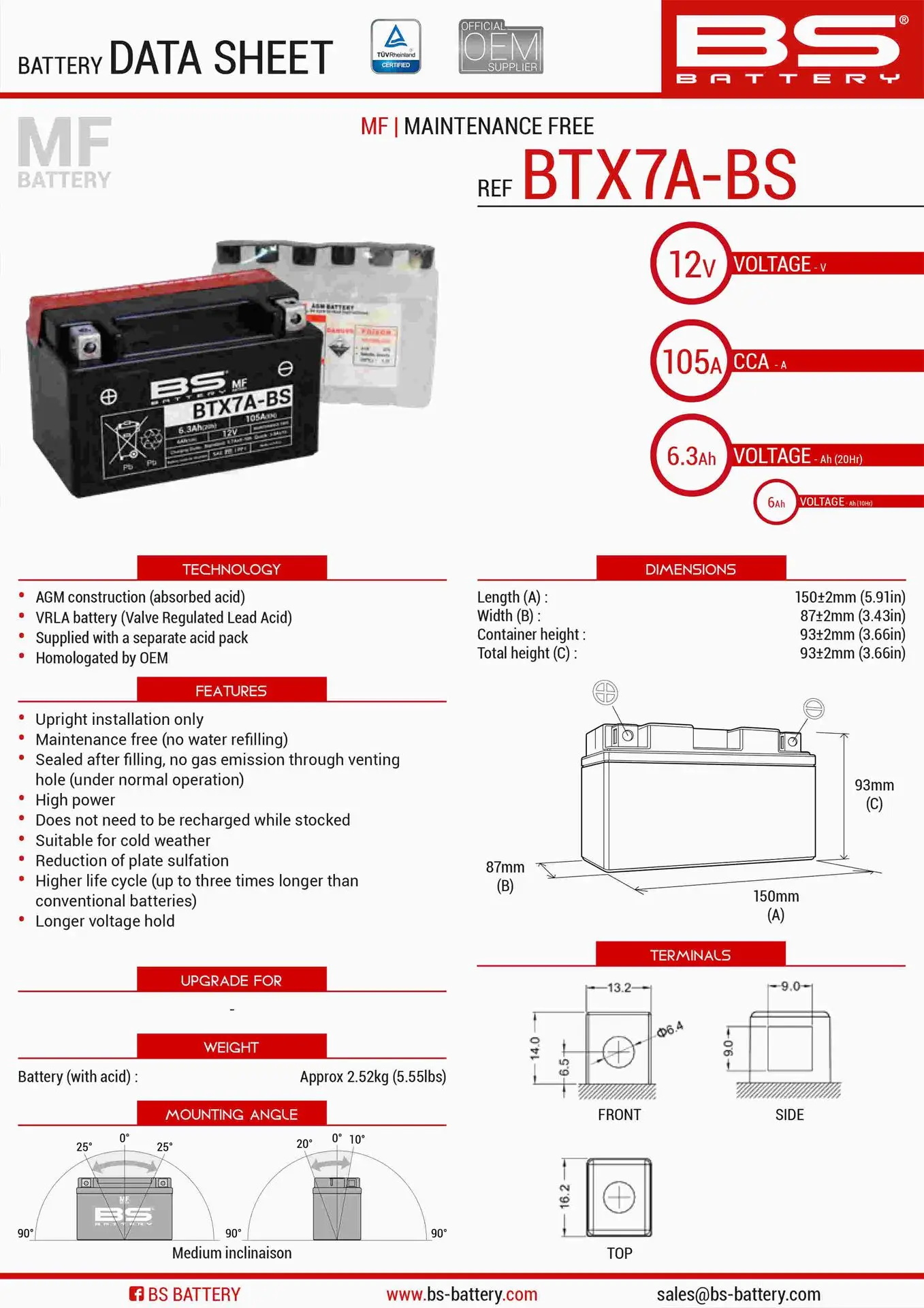 BS akumulátor BTX7A-BS (YTX7A-BS) 12V 6AH 152X88X94 bezúdržbový - elektrolyt zvlášť (90A) UE48 (6) (BS akumulátor BTX7A-BS (YTX7A-BS) 12V 6AH)