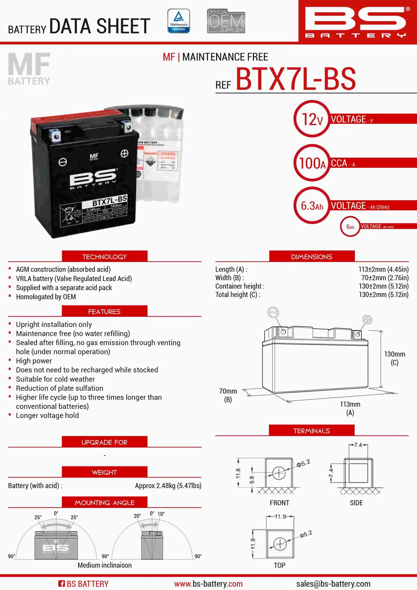 BS akumulátor BTX7L-BS (YTX7L-BS) 12V 6AH 144X71X131 bezúdržbový - elektrolyt zvlášť (85A) UE48 (6) (BS akumulátor BTX7L-BS (YTX7L-BS) 12V 6AH)