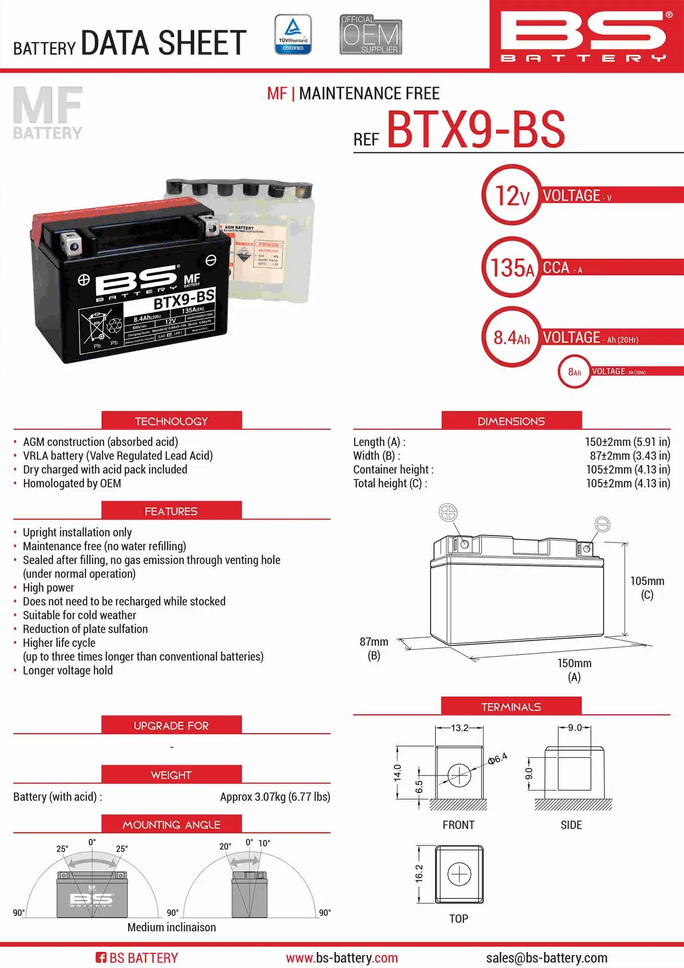 BS akumulátor BTX9-BS (YTX9-BS) 152X88X106 12V 8AH bezúdržbový - elektrolyt zvlášť (120A) UE48 (6) (BS akumulátor BTX9-BS (YTX9-BS) 152X88X106 12V)