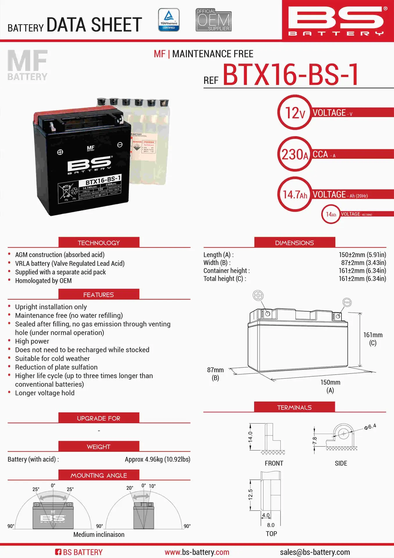 BS akumulátor BTX16-BS1 (YTX16-BS-1) 12V 14AH 152X88X161 bezúdržbový - elektrolyt zvlášť (230A) UE48 (2) (BS akumulátor BTX16-BS1 (YTX16-BS-1) 12V)