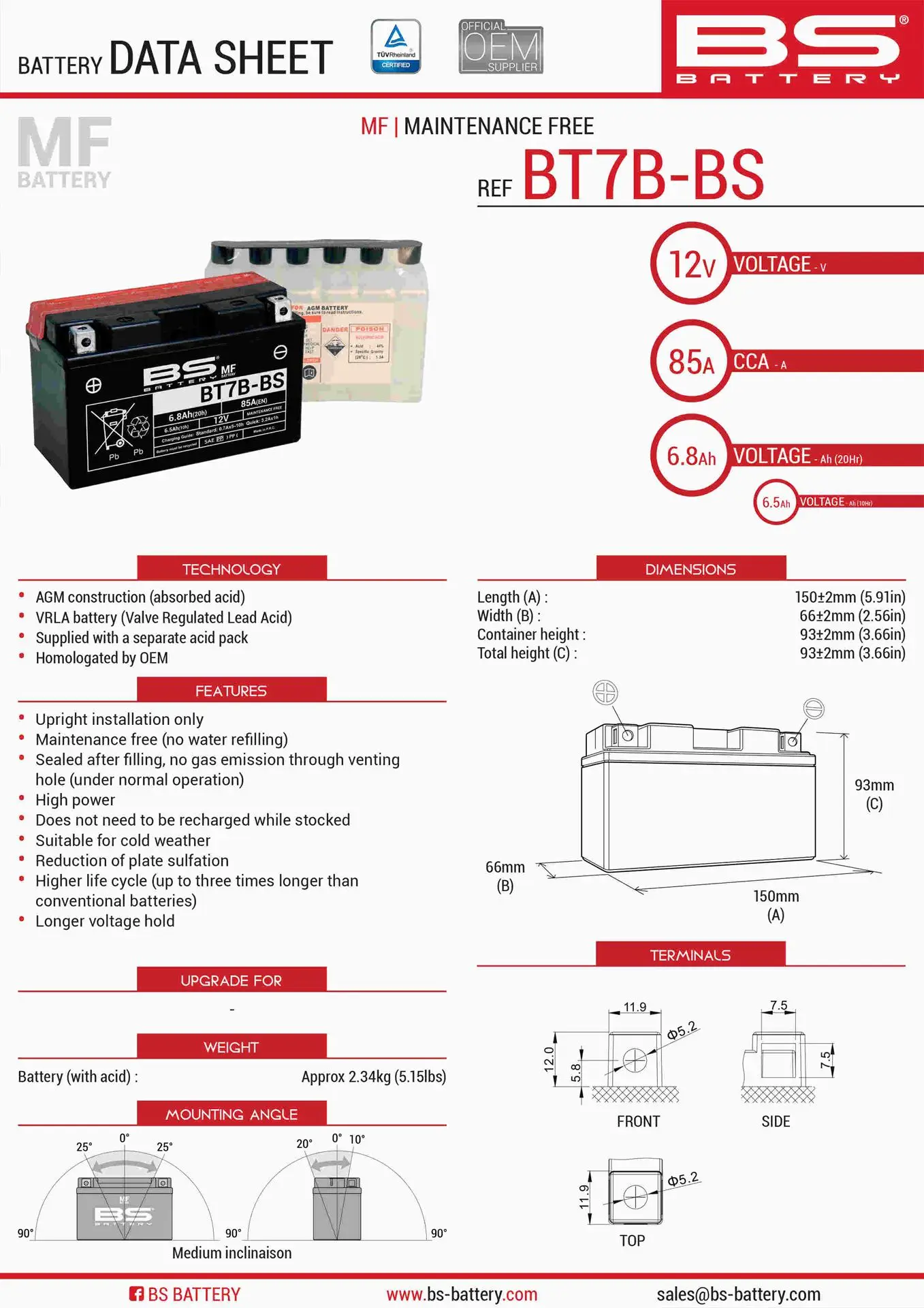 BS akumulátor BT7B-BS (YT7B-BS) 12V 6,5AH 150X65X93 bezúdržbový - elektrolyt zvlášť (85A) UE48 (6) (BS akumulátor BT7B-BS (YT7B-BS) 12V 6,5AH)