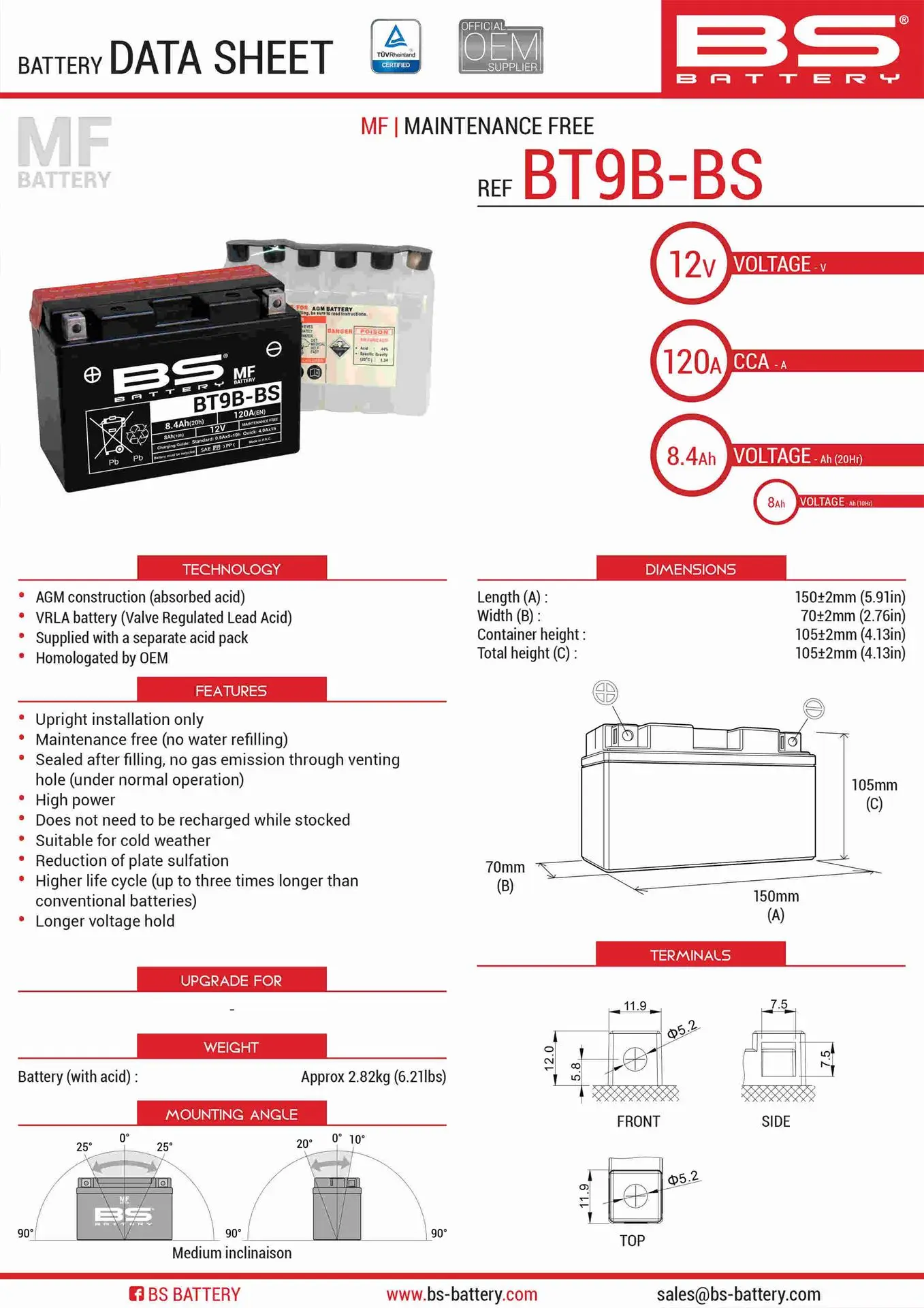 BS akumulátor BT9B-BS (YT9B-BS) 12V 8AH 150X70X105 bezúdržbový - elektrolyt zvlášť (120A) UE48 (6) (BS akumulátor BT9B-BS (YT9B-BS) 12V 8AH)