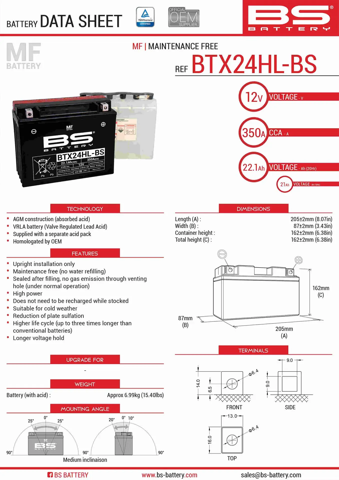 BS akumulátor BTX24HL-BS (YTX24HL-BS) 12V 21AH 205X87X162 bezúdržbový - elektrolyt zvlášť (350A) UE48 (2) (BS akumulátor BTX24HL-BS (YTX24HL-BS) 12V)