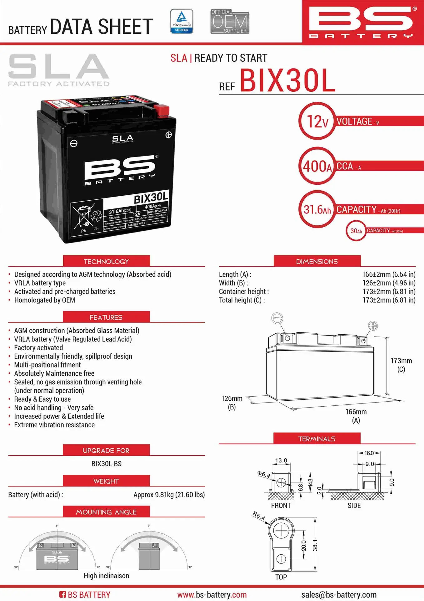 BS akumulátor BIX30L (FA) (YTX30L) 12V 30AH 166X125X175 bezúdržbový - plněný (385A) (2) (BS akumulátor BIX30L (FA) (YTX30L) 12V 30AH 166X125X175)