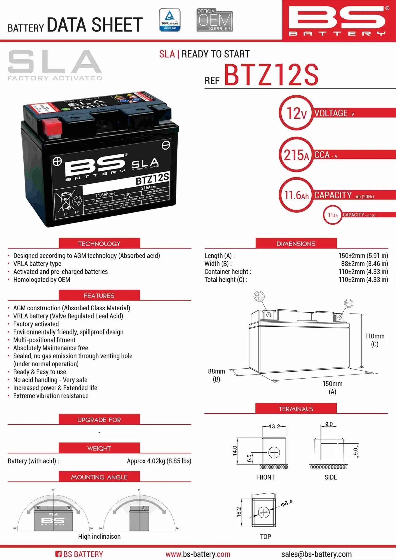 BS akumulátor BTZ12S (FA) (YTZ12S) 12V 11AH 150X86X110 bezúdržbový - plněný (210A) (4) ( )