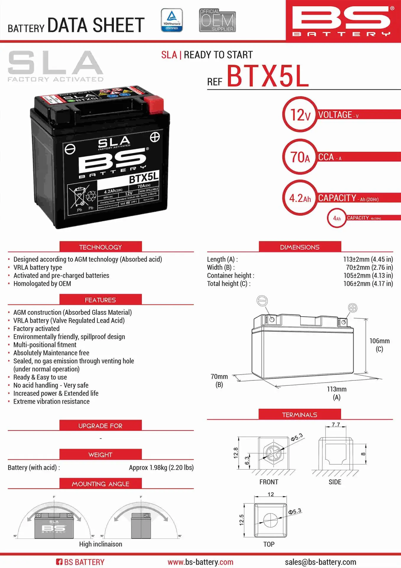 BS akumulátor BTX5L / BTZ6S (FA) (YTX5L-BS) 12V 5.3AH 113X70X106 bezúdržbový - plněný (90A) (8) (BS akumulátor BTX5L / BTZ6S (FA) (YTX5L-BS) 12V)