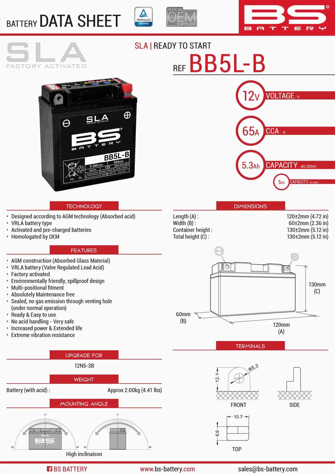 BS akumulátor BB5L-B (FA) (YB5L-B) (12N5-3B) 12V 5AH 120X60X130 bezúdržbový - plněný (65A) (6) (BS akumulátor BB5L-B (FA) (YB5L-B) (12N5-3B) 12V 5AH)
