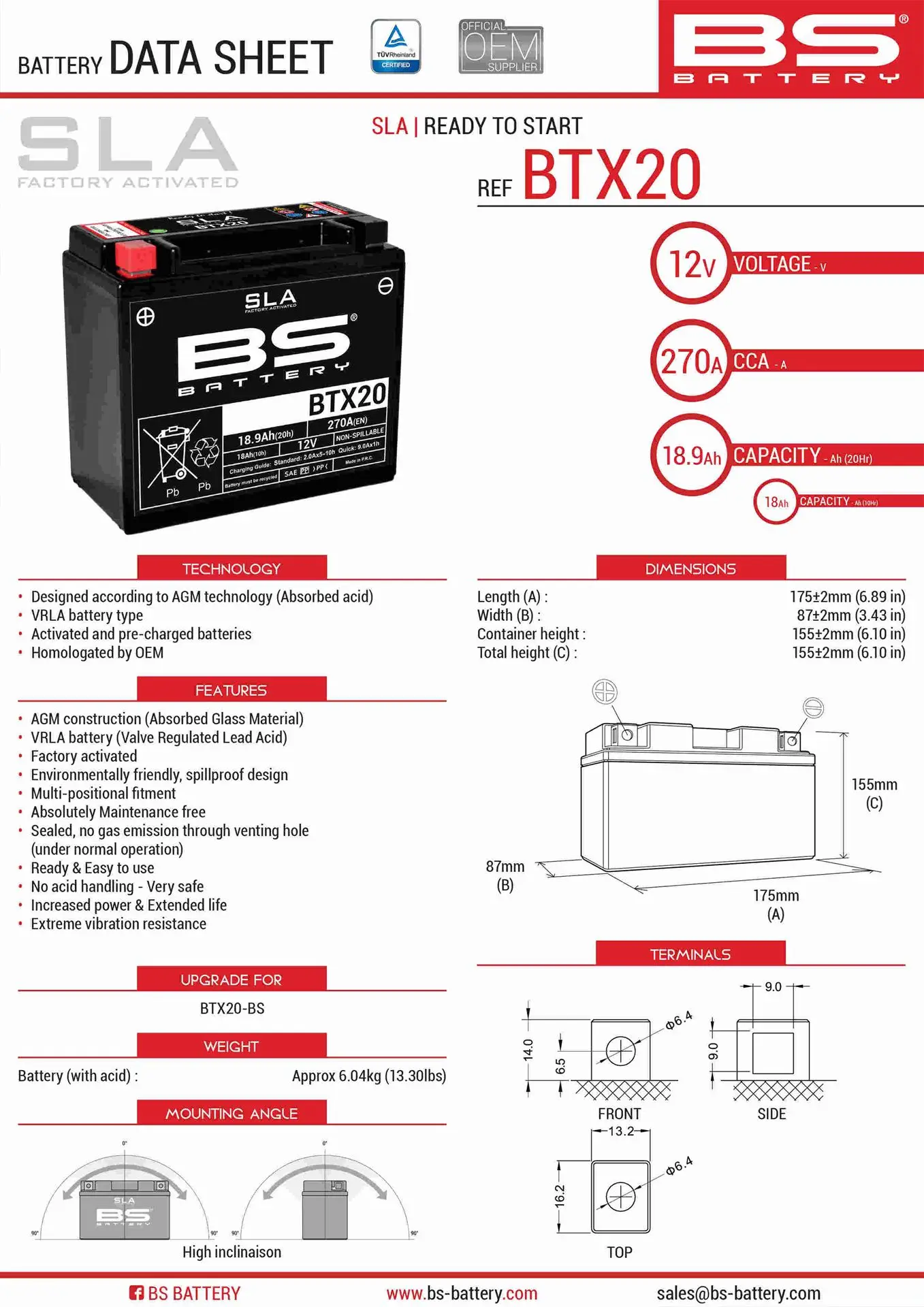 BS akumulátor BTX20 (FA) (YTX20-BS) 12V 18AH 175X87X155 bezúdržbový - plněný (270A) (4) (BS akumulátor BTX20 (FA) (YTX20-BS) 12V 18AH 175X87X155)