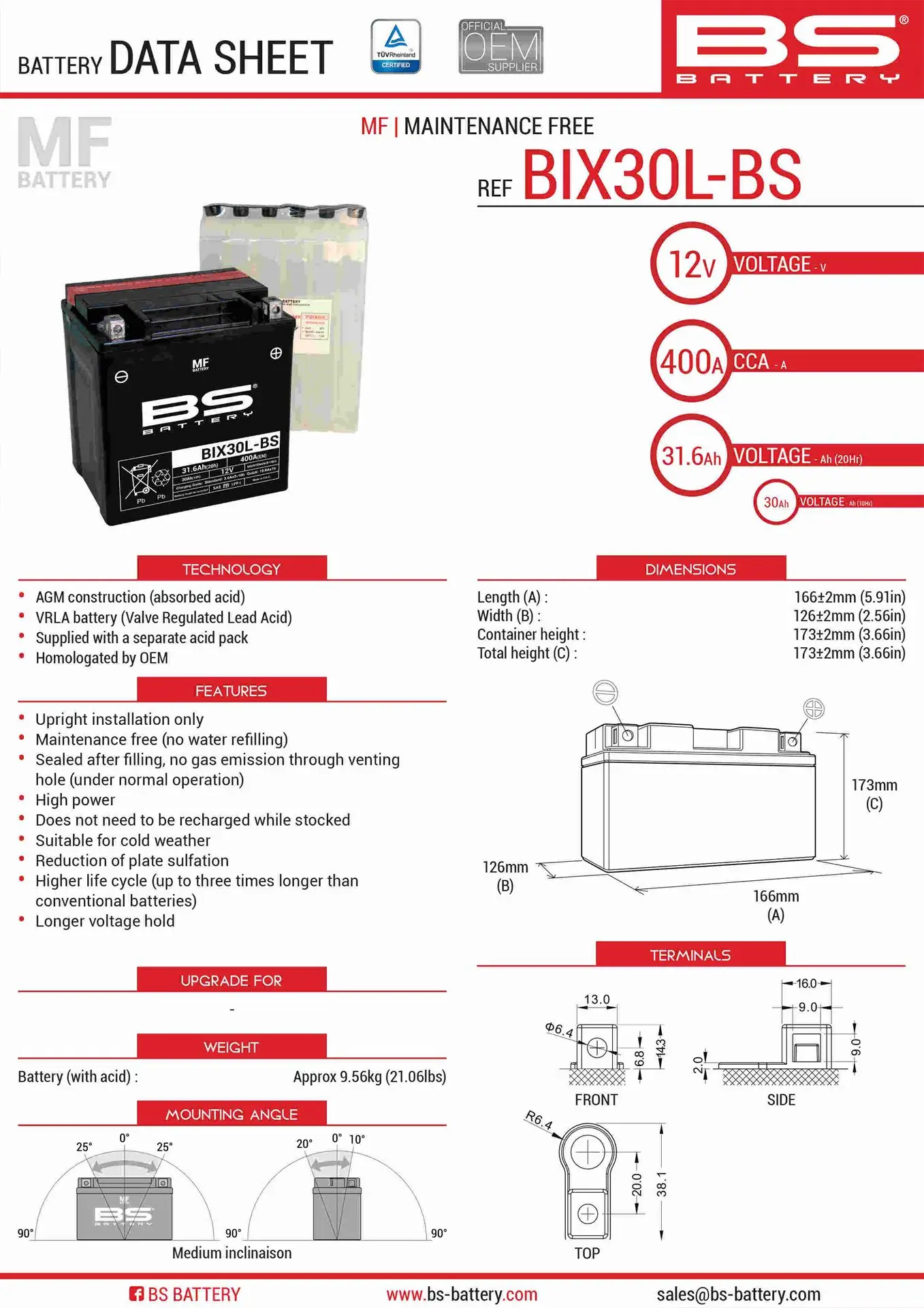 BS akumulátor BIX30L-BS (YTX30L-BS) 12V 30AH 165X125X175 bezúdržbový - elektrolyt zvlášť (400A) UE48 (1) ( )