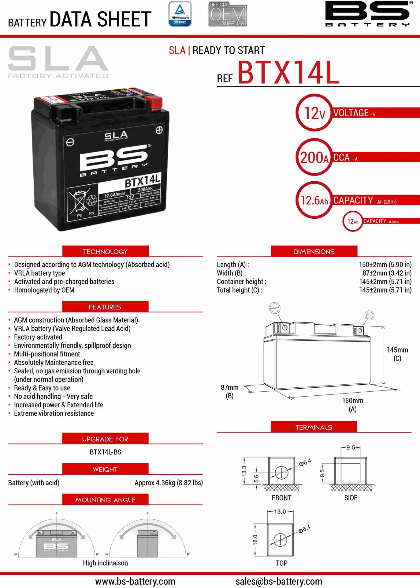 BS akumulátor BTX14L (FA) (YTX14L-BS) 12V 12AH 150X87X145 bezúdržbový - plněný (200A) (4) ( )