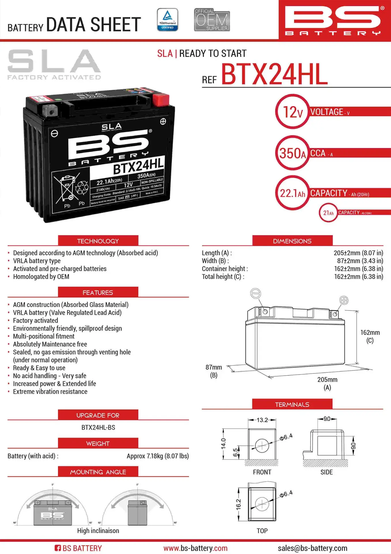 BS akumulátor BTX24HL (FA) (YTX24HL-BS) 12V 21AH 205X87X162 bezúdržbový - plněný (350A) - nahrazuje 300755 (4) ( )