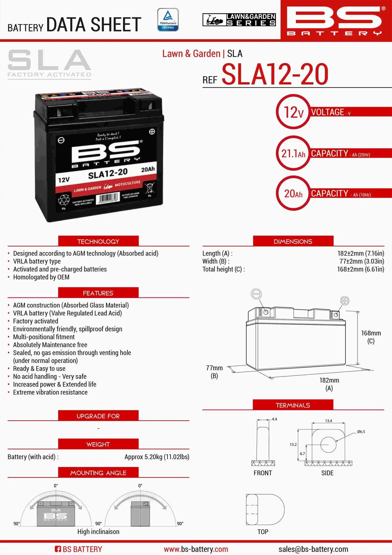 BS akumulátor SLA12-20 (FA) (SLA12-18) 12V 20AH 182X77X168 bezúdržbový - plněný (180A) (4) (BS akumulátor SLA12-20 (FA) (SLA12-18) 12V 20AH)