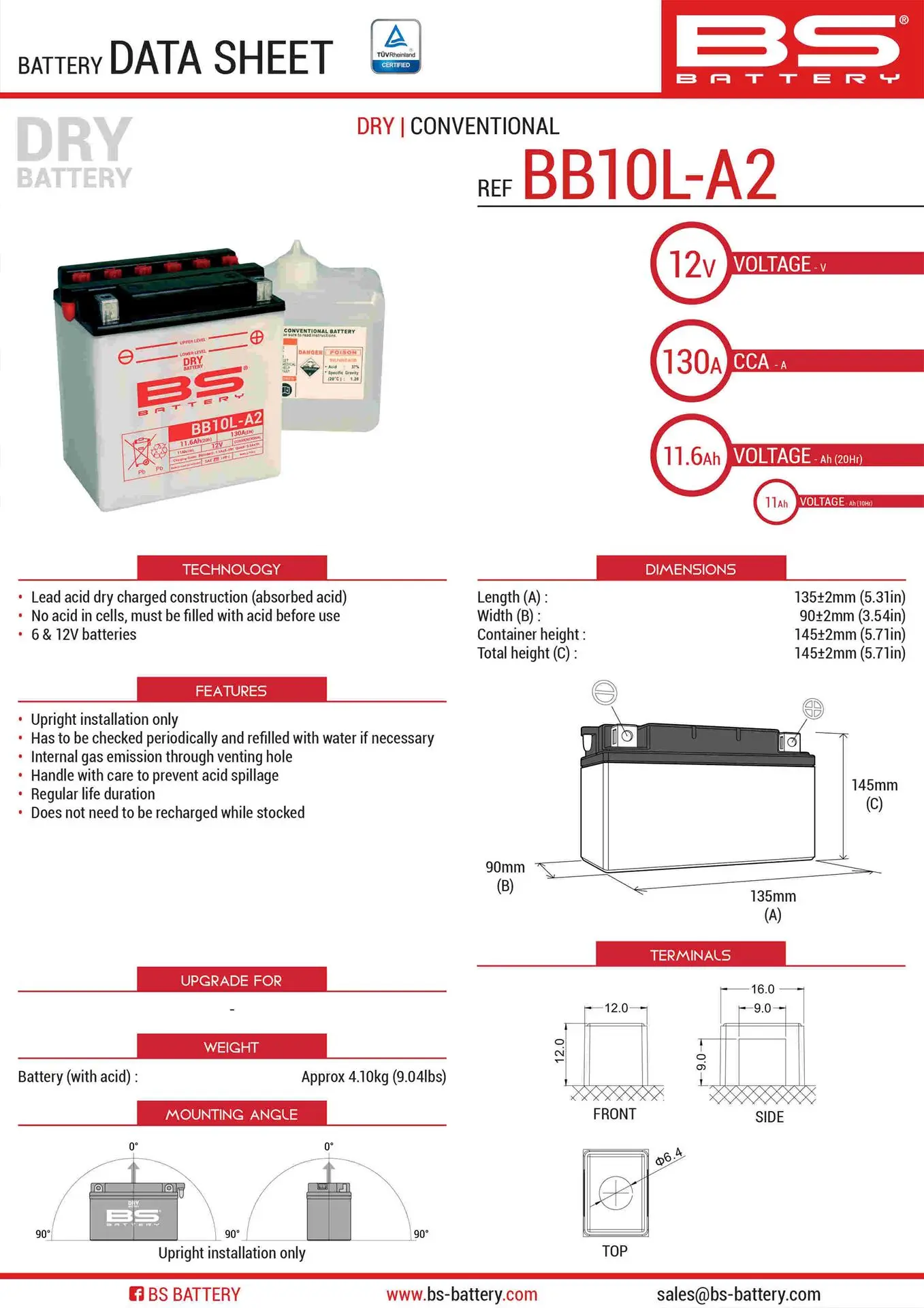 BS akumulátor BB10L-A2 (YB10L-A2) 12V 11AH 136X91X146 obsluhovaný - elektrolyt zvlášť (160A) UE48 (4) (BS akumulátor BB10L-A2 (YB10L-A2) 12V 11AH)