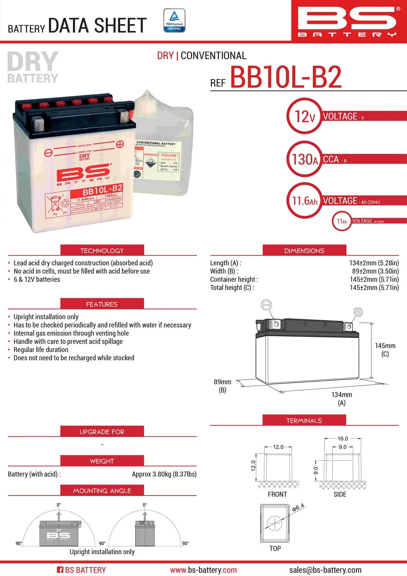 BS akumulátor BB10L-B2 (YB10L-B2) 12V 11AH 134X89X145 obsluhovaný - elektrolyt zvlášť (130A) UE48 (310558) (4) (BS akumulátor BB10L-B2 (YB10L-B2) 12V)