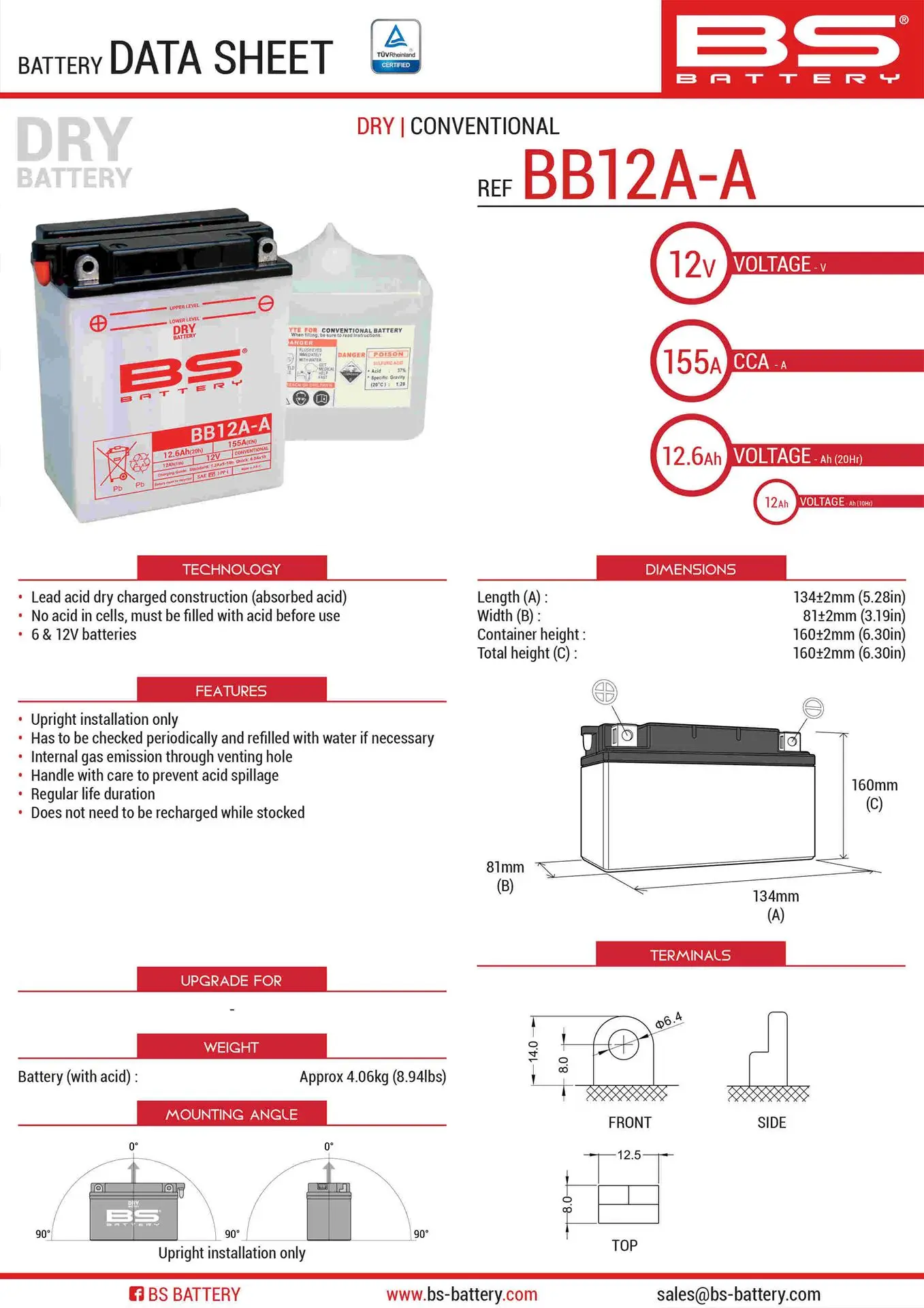 BS akumulátor BB12A-A (YB12A-A) 12V 12AH 134X81X160 obsluhovaný - elektrolyt zvlášť (155A) UE48 (4) (BS akumulátor BB12A-A (YB12A-A) 12V 12AH)