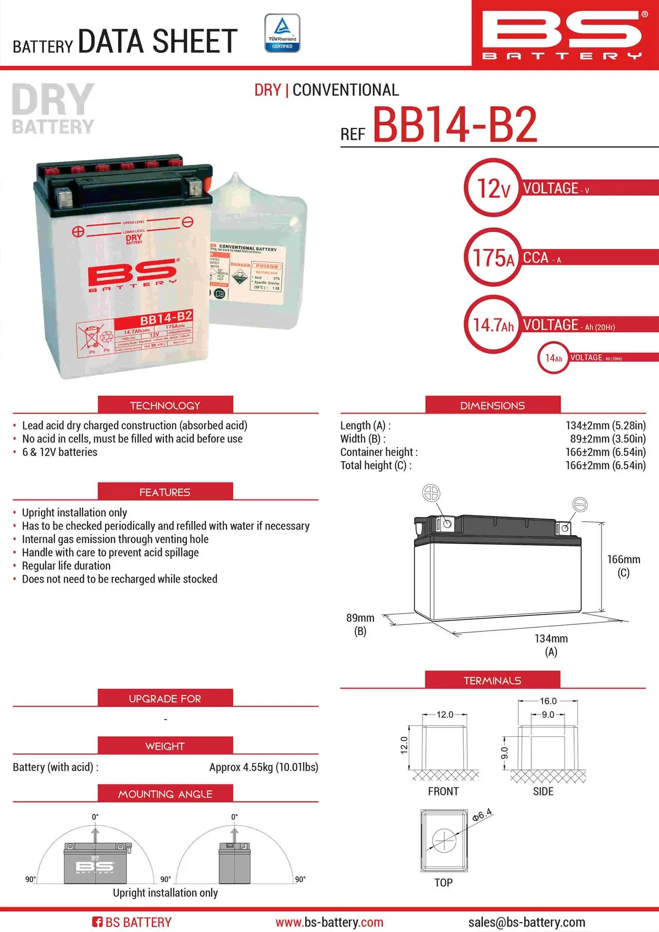 BS akumulátor BB14-B2 (YB14-B2) 12V 14AH 134X89X166 obsluhovaný - elektrolyt zvlášť (175A) UE48 (3) (BS akumulátor BB14-B2 (YB14-B2) 12V 14AH)