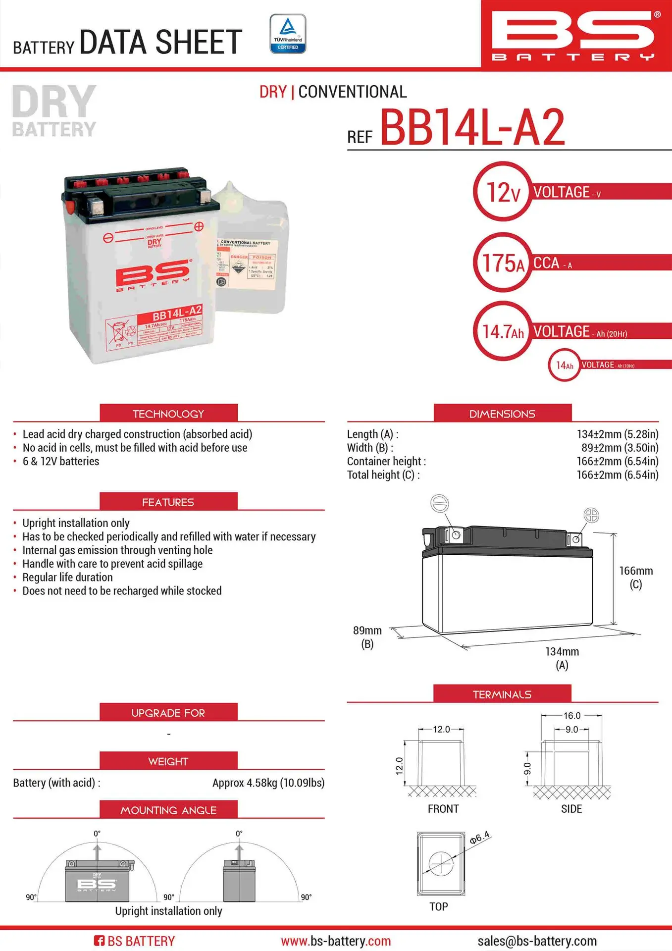 BS akumulátor BB14L-A2 (YB14L-A2) 12V 14AH 135X91X167 obsluhovaný - elektrolyt zvlášť (175A) UE48 (3) ( )