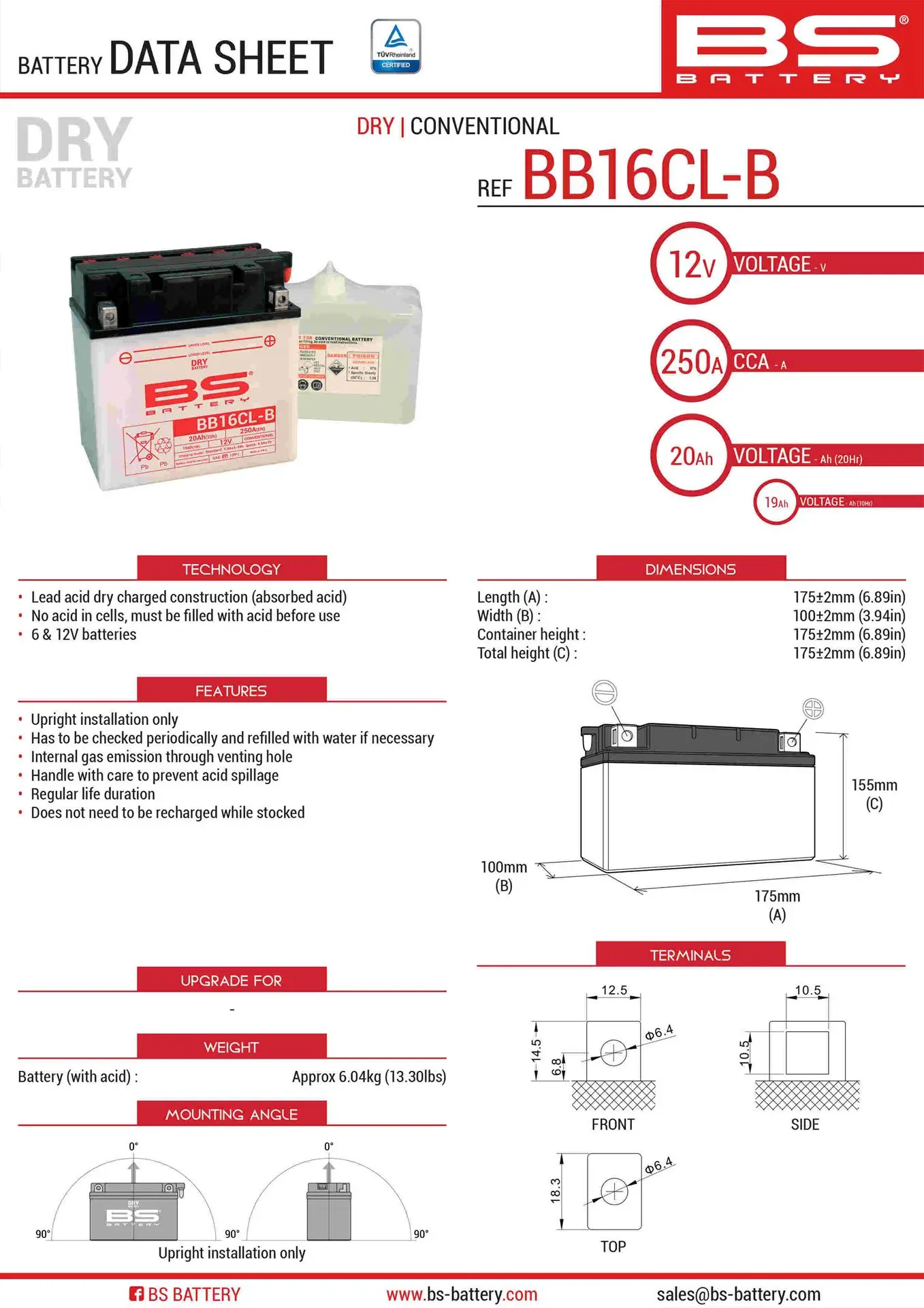 BS akumulátor BB16CL-B (YB16CL-B) 12V 19AH 175X100X175 obsluhovaný - elektrolyt zvlášť (250A) UE48 (2) ( )