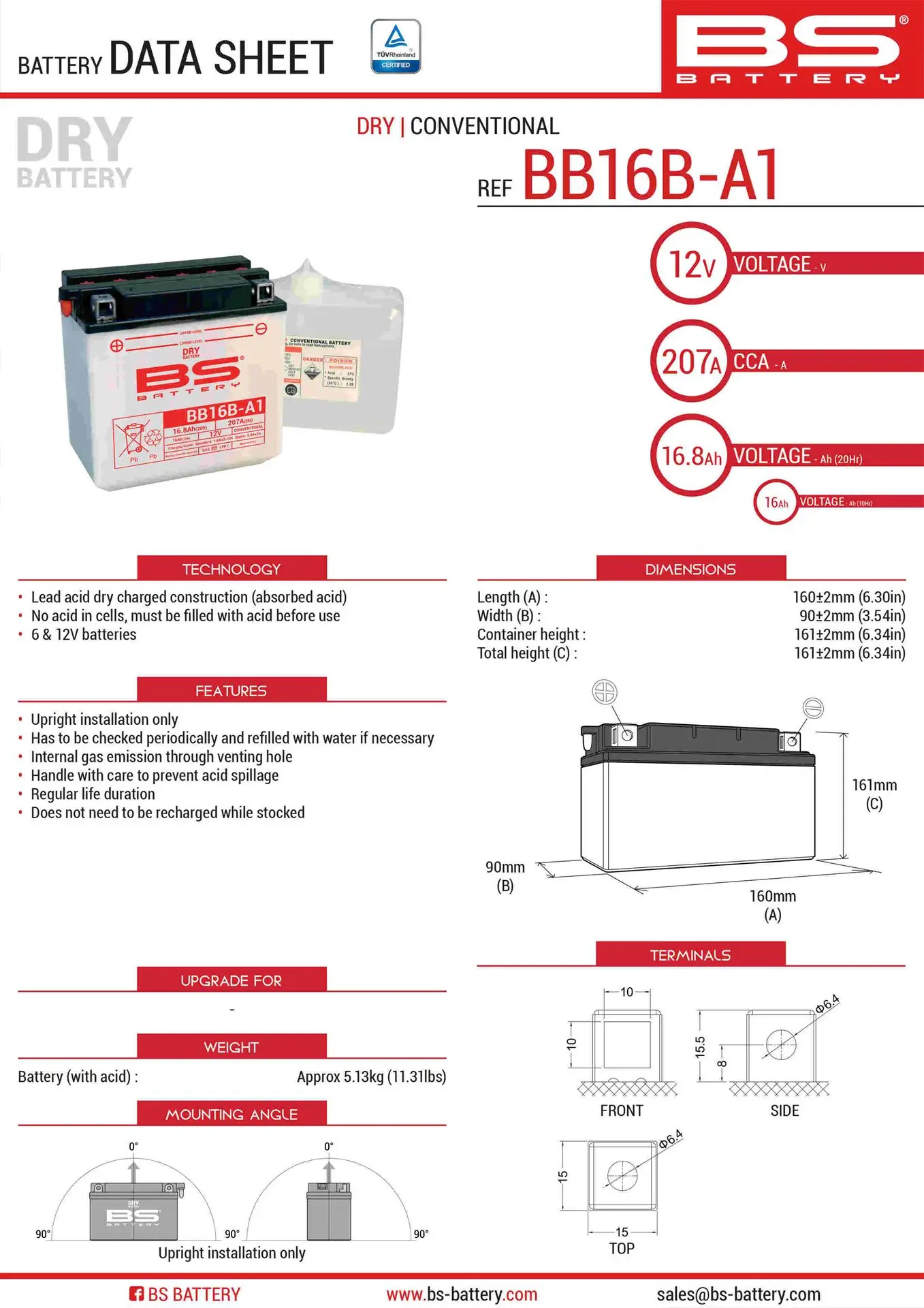 BS akumulátor BB16B-A1 (YB16B-A1) 12V 16AH 160X90X161 obsluhovaný - elektrolyt zvlášť (215A) UE48 (2) (BS akumulátor BB16B-A1 (YB16B-A1) 12V 16AH)