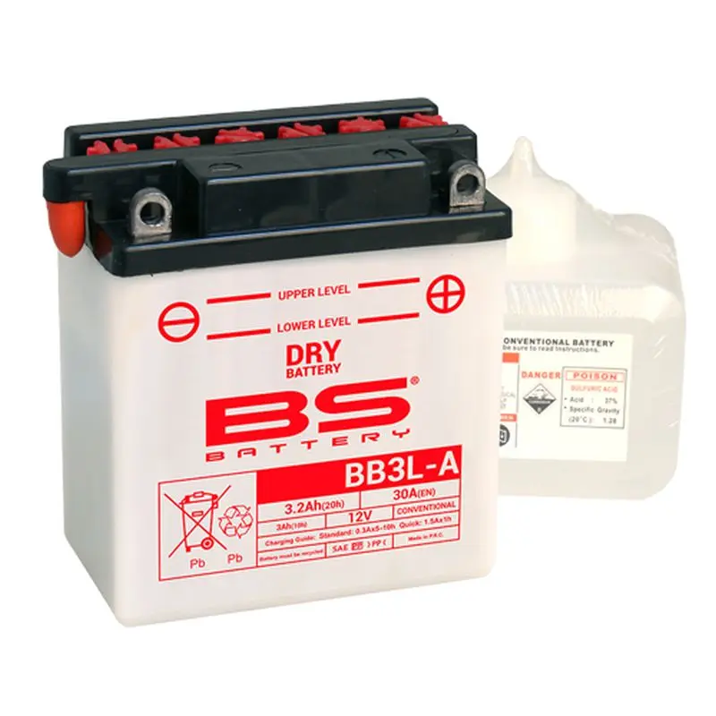 BS akumulátor BB3L-A (YB3L-A) 12V 3AH 98X56X110 obsluhovaný - elektrolyt zvlášť (30A) UE48 (6) ( )