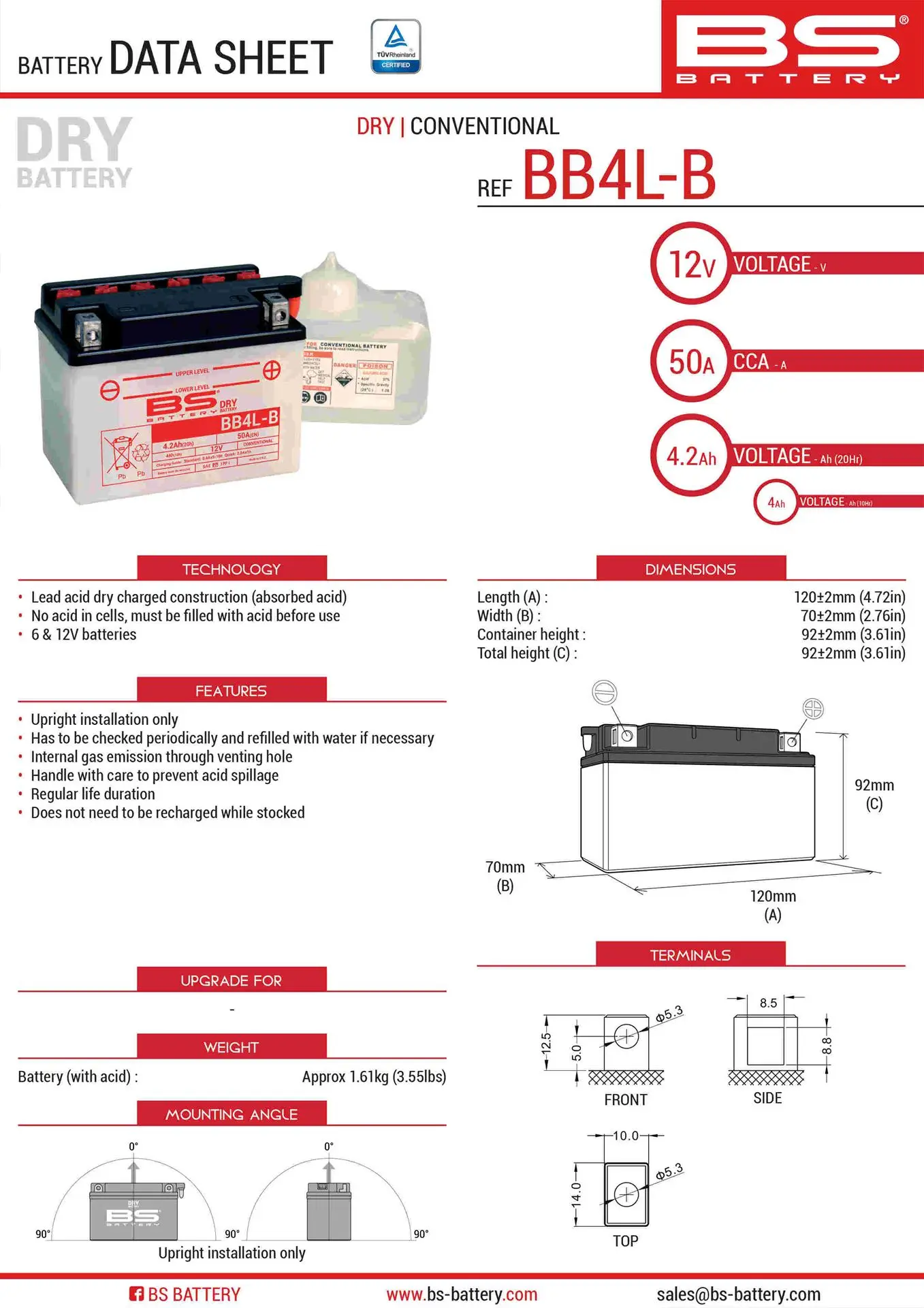 BS akumulátor BB4L-B (YB4L-B) 12V 4AH 121X71X93 obsluhovaný - elektrolyt zvlášť (56A) UE48 (8) (BS akumulátor BB4L-B (YB4L-B) 12V 4AH 121X71X93)