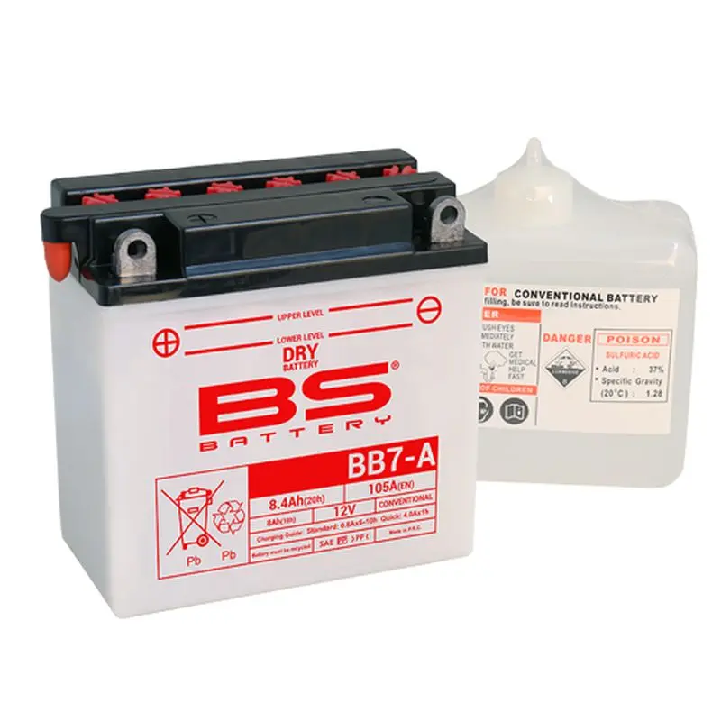 BS akumulátor BB7-A (12N7-4A) (YB7-A) 12V 8AH 135X75X133 obsluhovaný - elektrolyt zvlášť (105A) UE48 (6) ( )