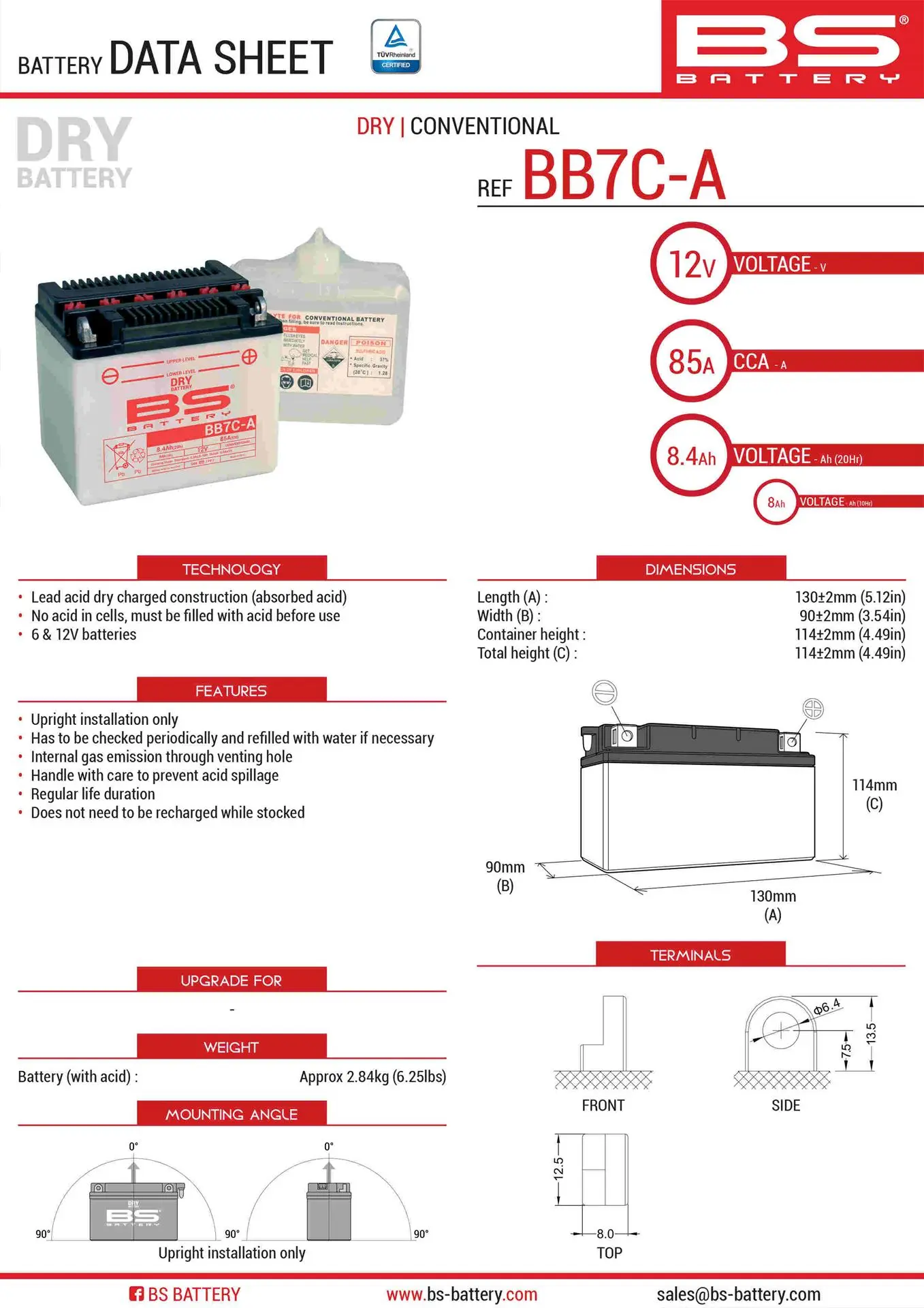 BS akumulátor BB7C-A (YB7C-A) 130X90X114 obsluhovaný - elektrolyt zvlášť (85A) UE48 (6) (BS akumulátor BB7C-A (YB7C-A) 130X90X114 obsluhovaný -)