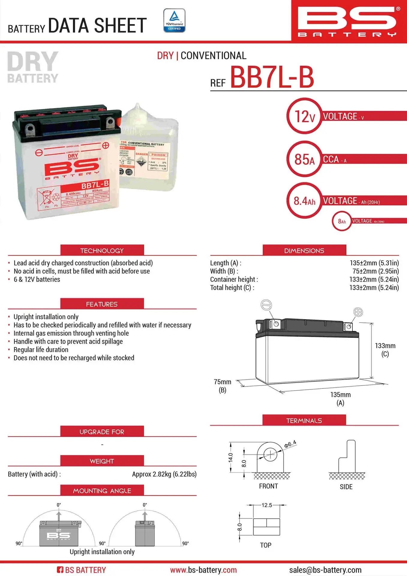 BS akumulátor BB7L-B (YB7L-B) (12N7-3B) (YB7L-B2) 12V 8AH 135X75X133 obsluhovaný - elektrolyt zvlášť (85A) UE48 - nahrazený 310595 (6) (BS akumulátor)