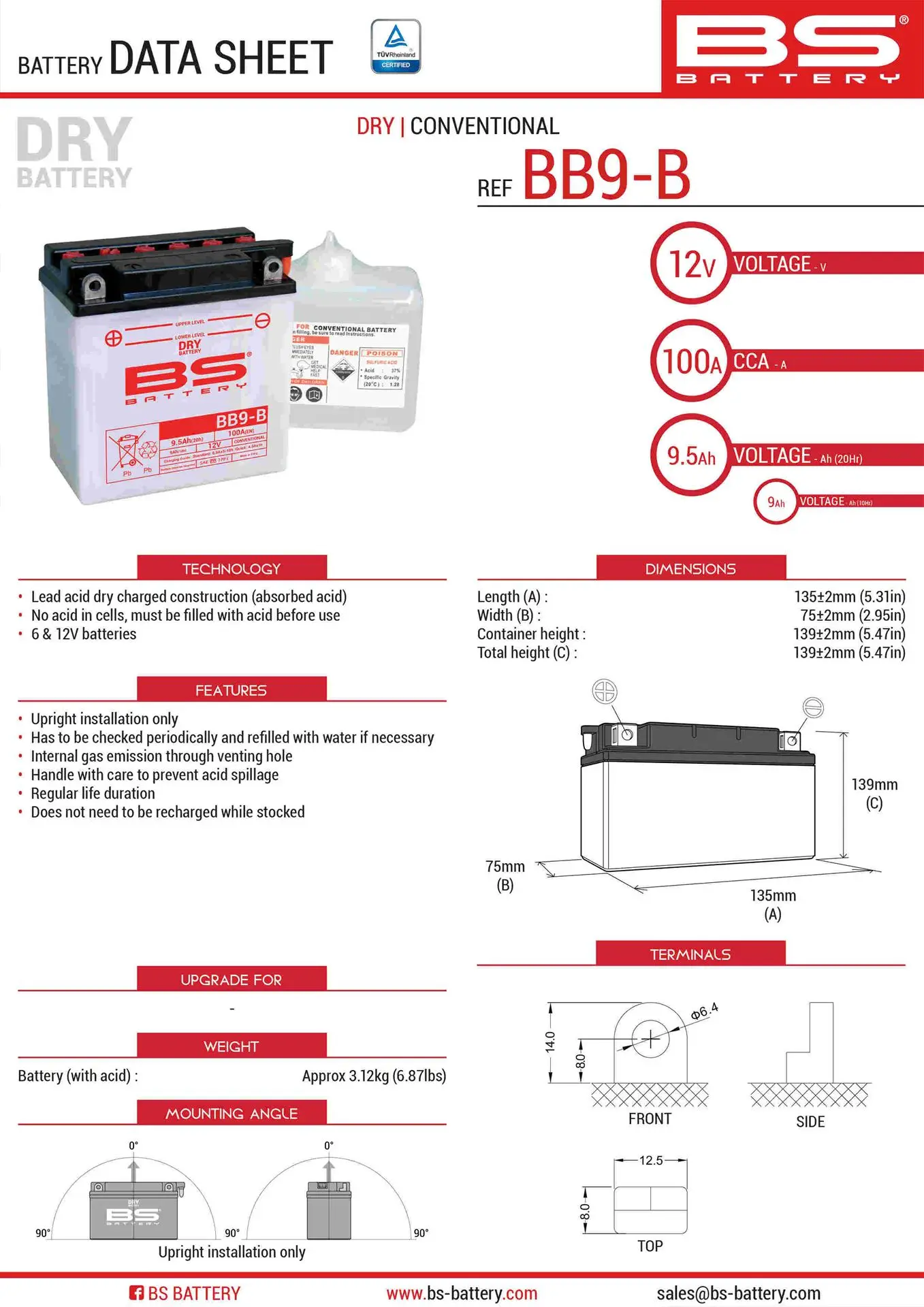 BS akumulátor BB9-B (YB9-B) (12N9-4B-1) 12V 9AH 135X75X139 obsluhovaný - elektrolyt zvlášť (115A) UE48 (4) (BS akumulátor BB9-B (YB9-B) (12N9-4B-1))