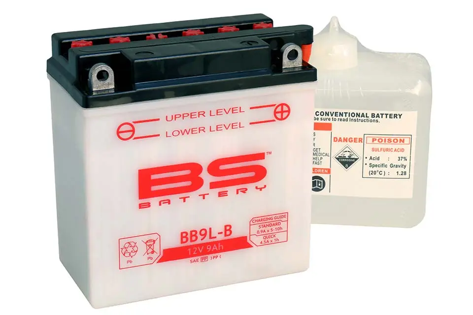 BS akumulátor BB9L-B (YB9L-B) (12N9-3B) 12V 9AH 135X75X139 obsluhovaný - elektrolyt zvlášť (115A) UE48 (4) (BS akumulátor BB9L-B (YB9L-B) (12N9-3B))
