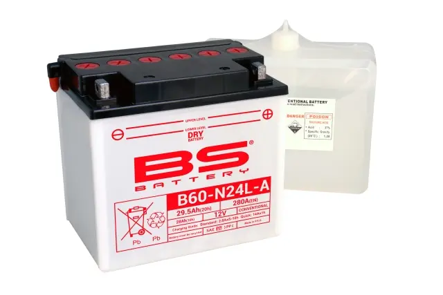 BS akumulátor B60-N24L-A (Y60-N24L-A) 12V 28AH 184X124X175 obsluhovaný - elektrolyt zvlášť 280A UE48 (310539) (2) (BS akumulátor B60-N24L-A)