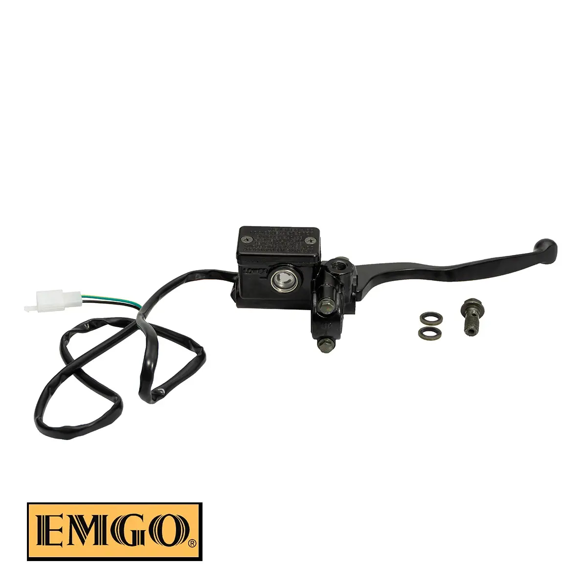 EMGO pumpa přední brzdy kompletní (14mm) s čidlem brzdového světla, upevněním zrcátka 10mm a pákou barva černá (EMGO pumpa přední brzdy kompletní)