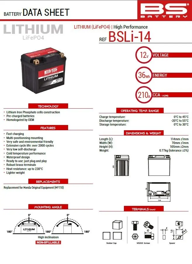 BS akumulátor lithium-iontový s indikátorem nabití LIFEPO4 BSLI-14 (114X70X105) (210A,36WH,3AH) HONDA CRF 1100 AFRICA TWIN '20-23 (HY110) (4) ( )