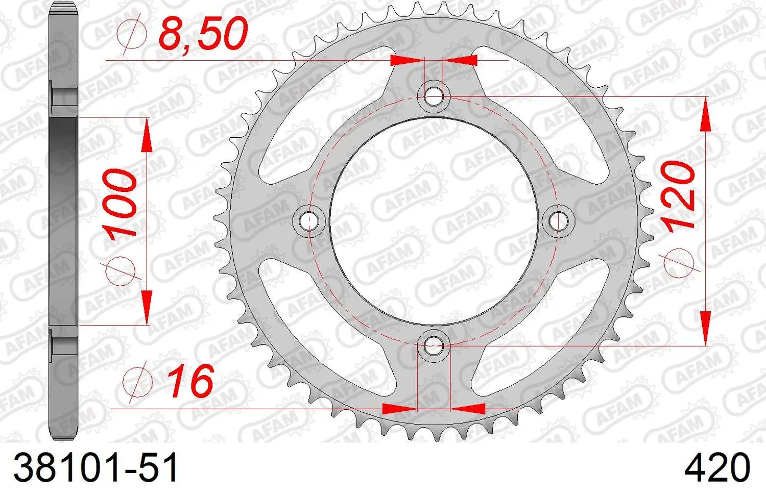AFAM zadní řetězové kolečko 4453 51 BETA 50 RR ENDURO / ENDURO RACING / ENDURO SPORT '18-'19 (JTR1141.51) (řetěz 420) (AFAM zadní řetězové kolečko)