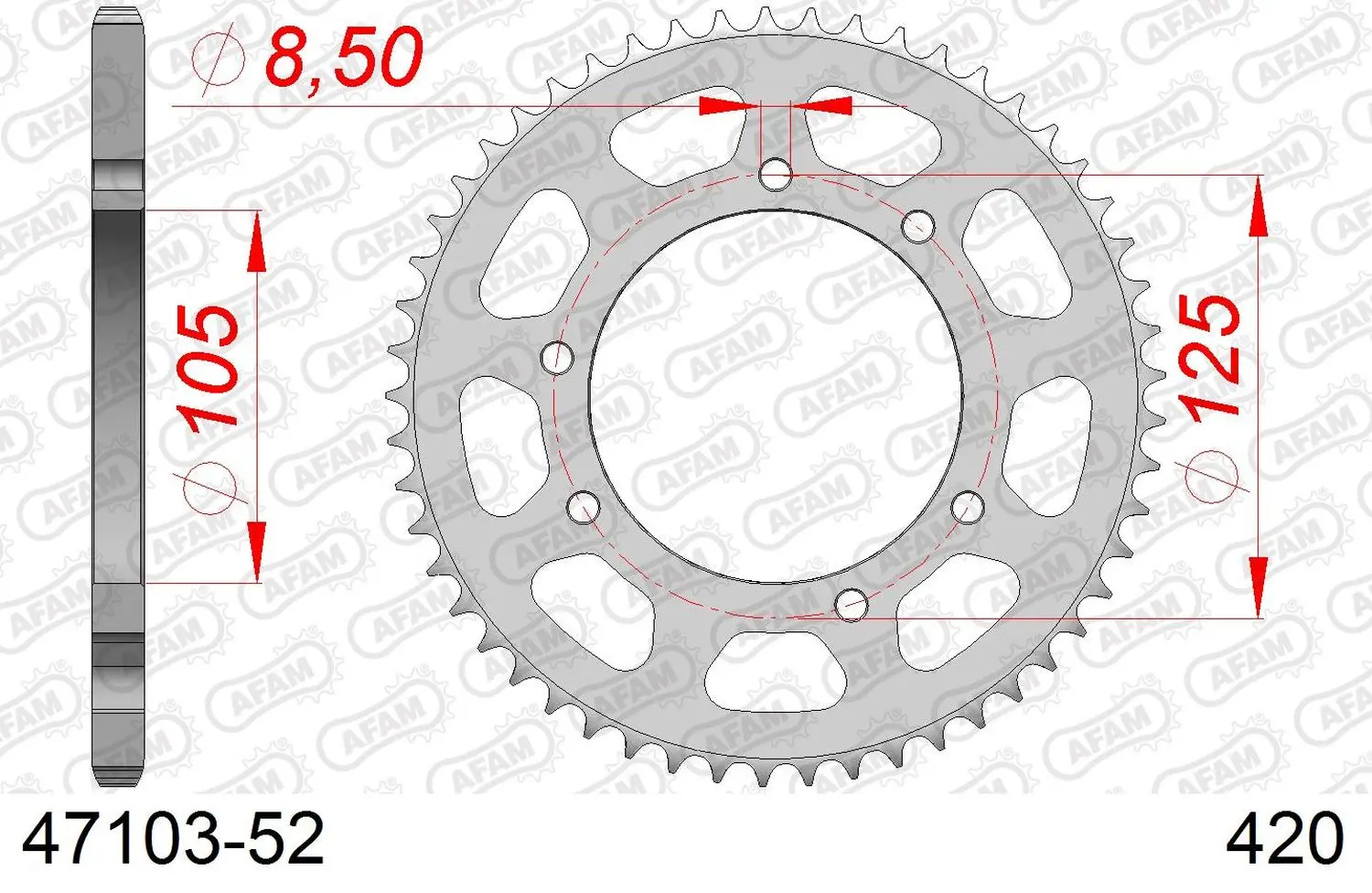 AFAM zadní řetězové kolečko 4402 52 YAMAHA DT50R, RIEJU 50, PEUGEOT 50, DERBI SENDA 50 (JTR1131.52) (řetěz 420) (AFAM zadní řetězové kolečko 4402 52)