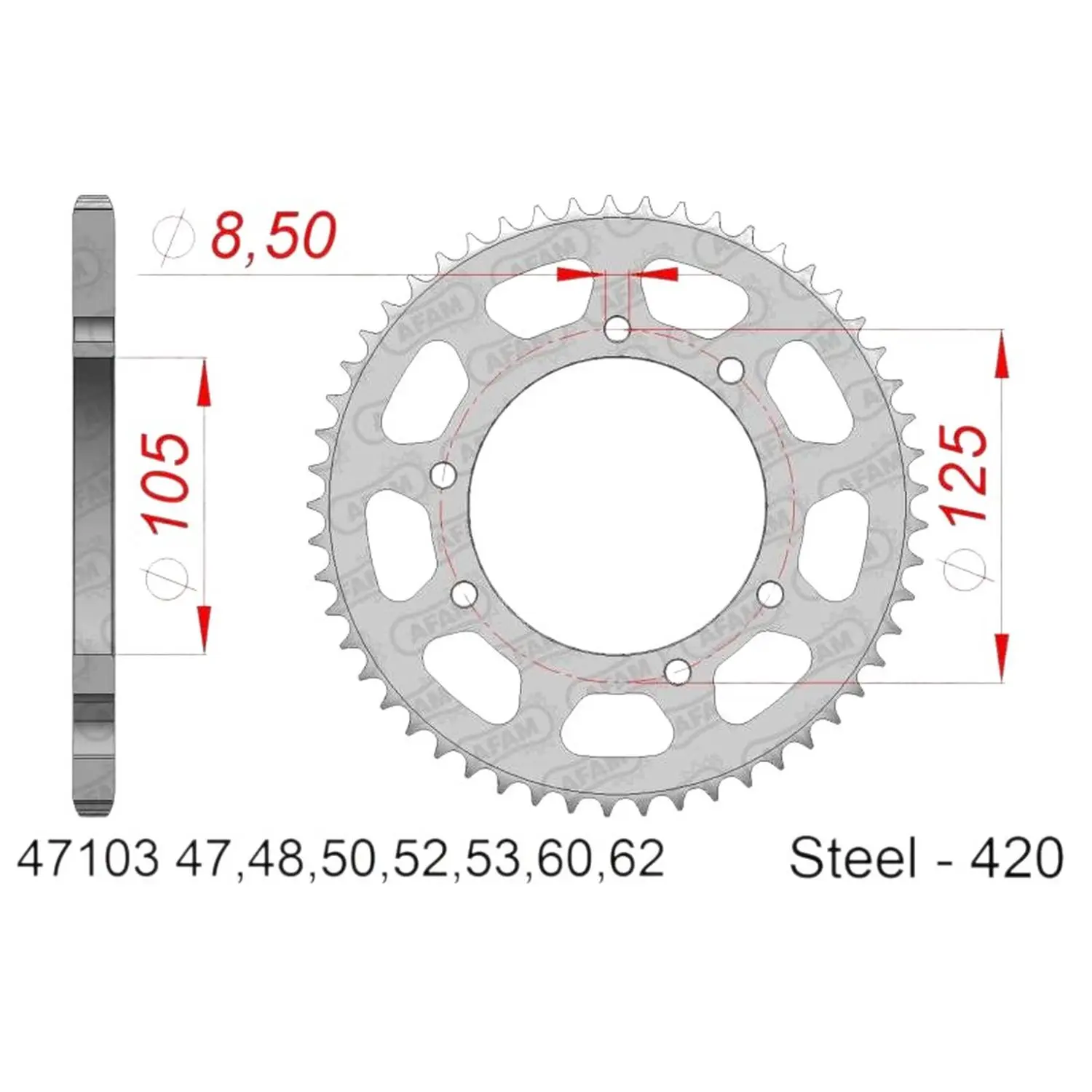 AFAM zadní řetězové kolečko 4402 62 YAMAHA DT 50 '03-'06, MALAGUTI XTM, MRX, SMX (řetěz 420) (JTR1131.62) (AFAM zadní řetězové kolečko 4402 62 YAMAHA)