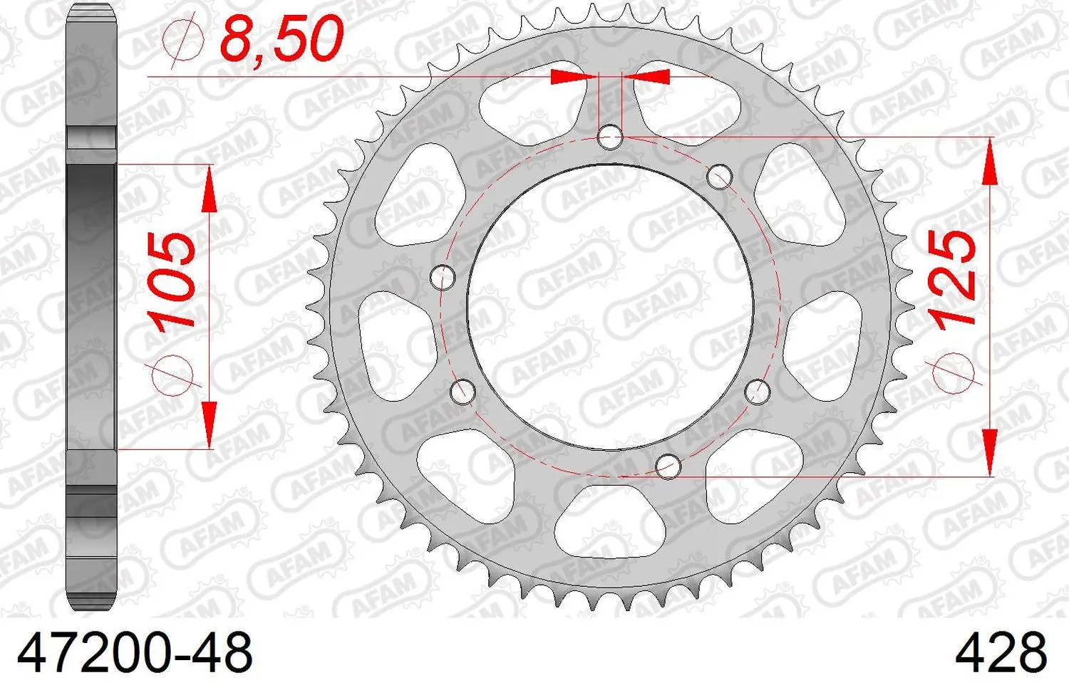 AFAM zadní řetězové kolečko 4413 48 YAMAHA XT 125X/SM '05-'09 (JTR1134.48) (řetěz 428) (AFAM zadní řetězové kolečko 4413 48 YAMAHA XT 125X/SM '05-'09)