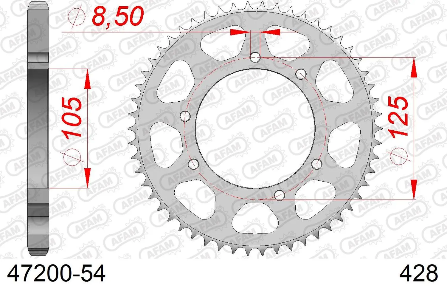 AFAM zadní řetězové kolečko 4413 54 YAMAHA XT 125X/SM '05-'09 (JTR1134.54) (řetěz 428) (AFAM zadní řetězové kolečko 4413 54 YAMAHA XT 125X/SM '05-'09)
