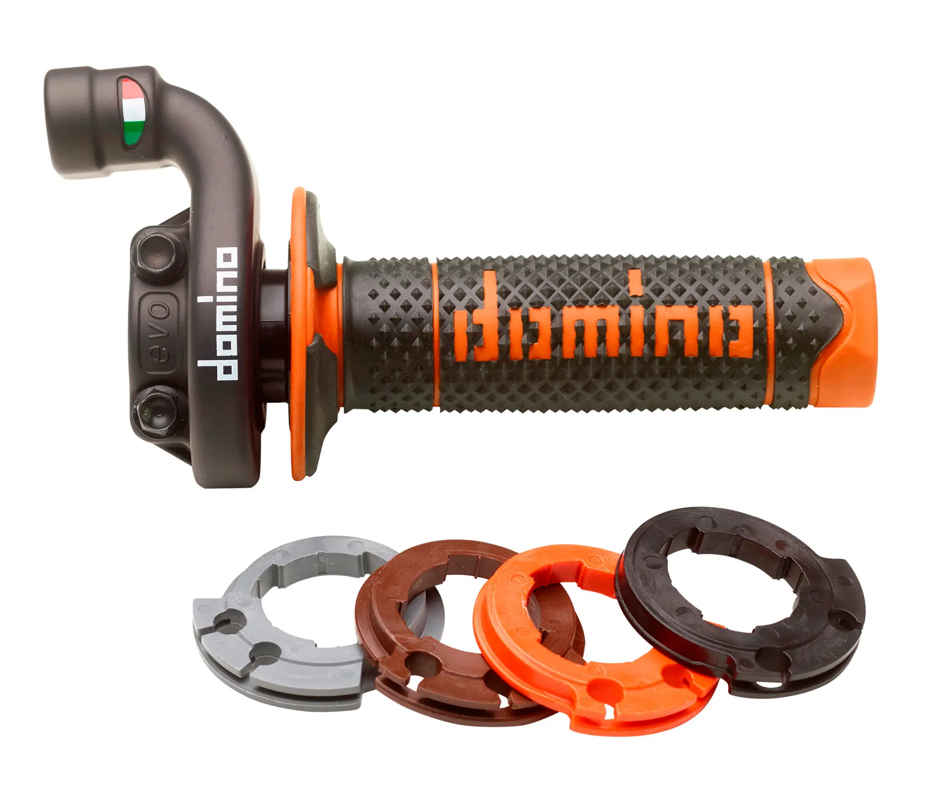 DOMINO plynová rukojeť kompletní s rukojeťmi OFF ROAD KTM/HUSQVARNA/GASGAS 4T (černé pouzdro) barva černá/oranžová (DOMINO plynová rukojeť kompletní)