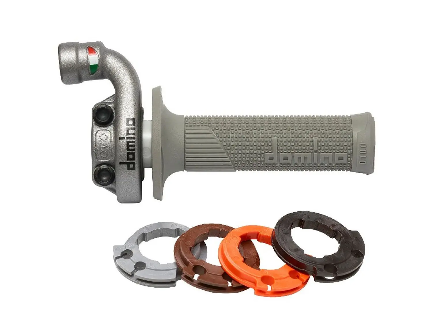 DOMINO plynová rukojeť univerzální hliníková kompletní KRK EVO s gripy D-LOCK (kompatibilní s originálními lanky KTM 4T nebo dedikovanými) (DOMINO)