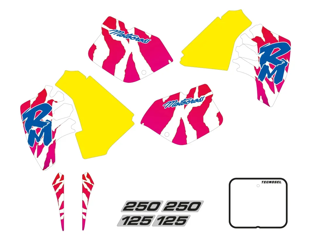 TECNOSEL (BLACKBIRD) sada samolepek (dýhy) + potah sedla SUZUKI RM 125/250 89-92, REPLICA OEM SUZUKI 92 (TECNOSEL (BLACKBIRD) sada samolepek (dýhy) +)