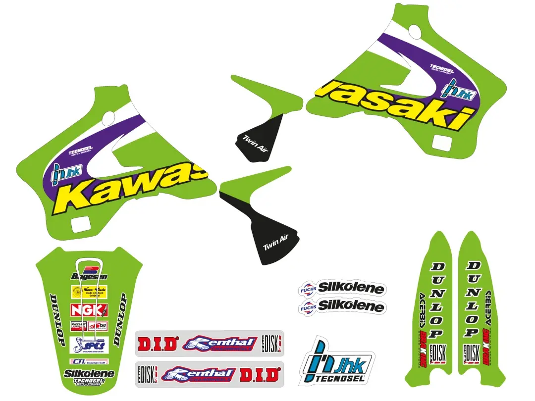 TECNOSEL (BLACKBIRD) sada samolepek (dýhy) + potah sedla KAWASAKI KX 125/250 94-98, REPLICA TEAM KAWASAKI 98 ( )