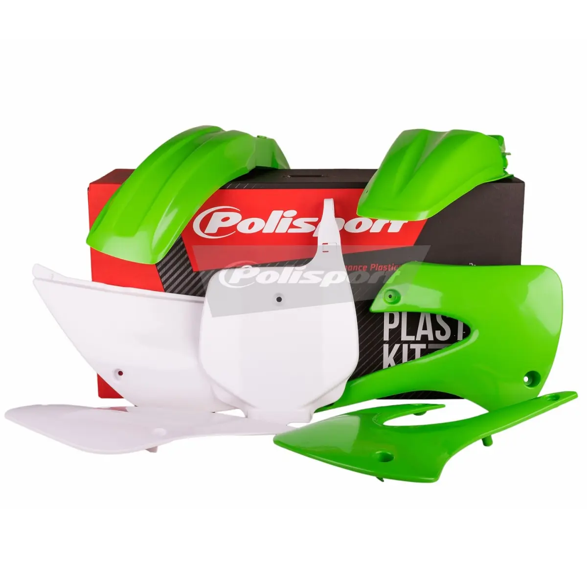 POLISPORT kompletní sada plastů KAWASAKI KX 85 99-13; KX 100/112 99-13 v sadě tabulka přední (8662900002) barva zeleno bílá OEM (POLISPORT kompletní)