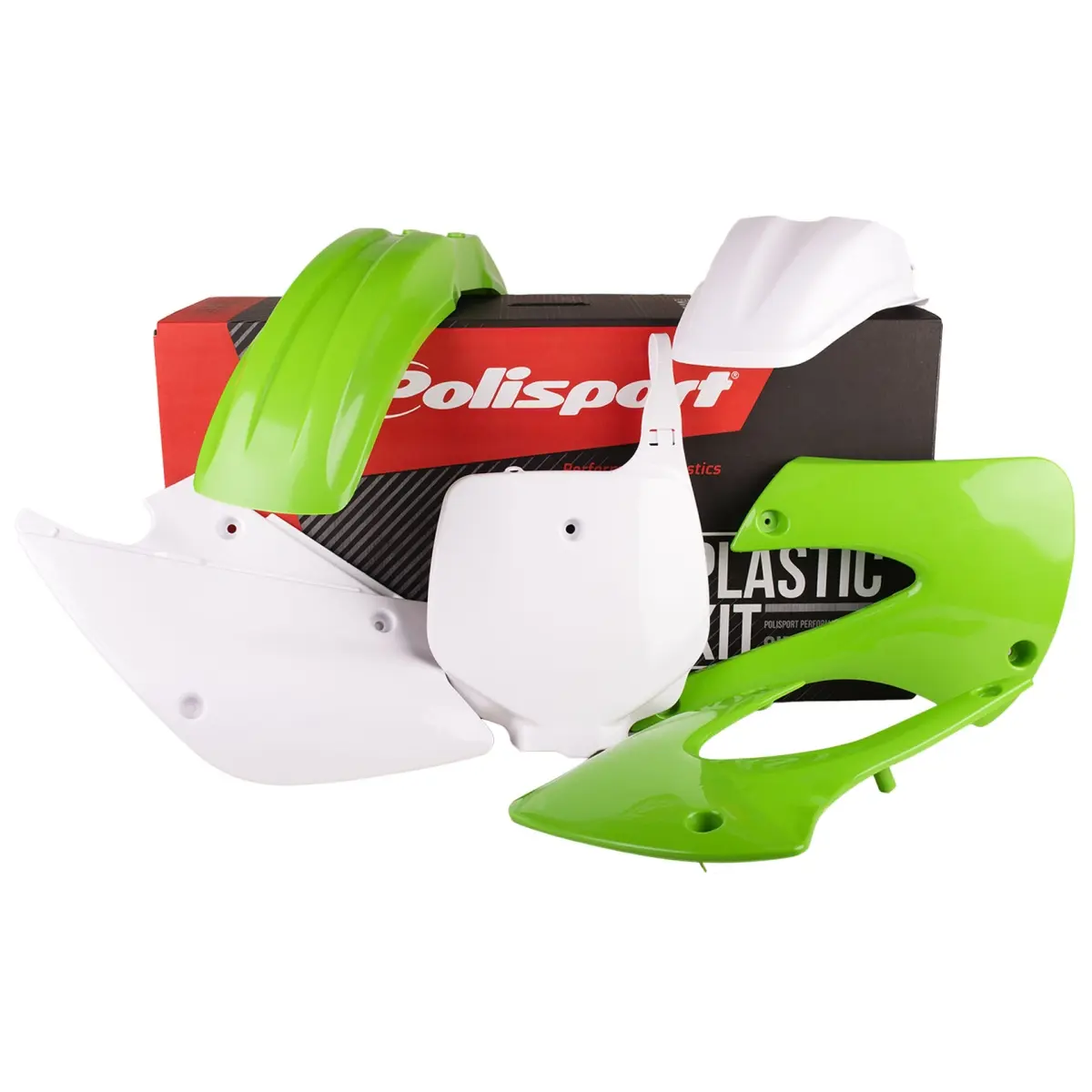 POLISPORT kompletní sada plastů KAWASAKI KX 85 99-13; KX 100/112 99-13 v sadě přední tabulka (8661700007) barva zeleno bílá OEM (POLISPORT kompletní)