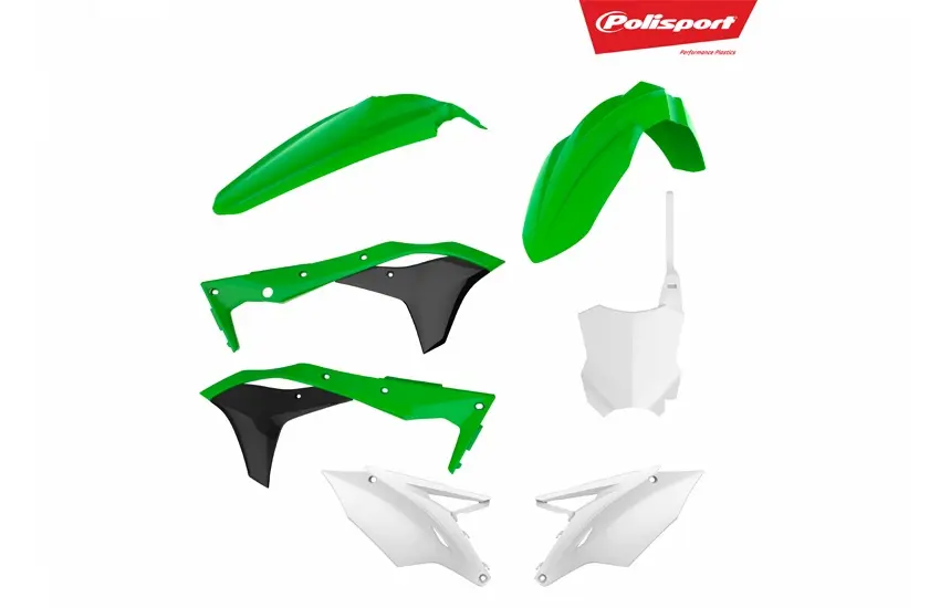 POLISPORT kompletní sada plastů KAWASAKI KXF 250 17-20 v sadě přední tabulka (8665900002) barva zeleno bílá OEM (POLISPORT kompletní sada plastů)