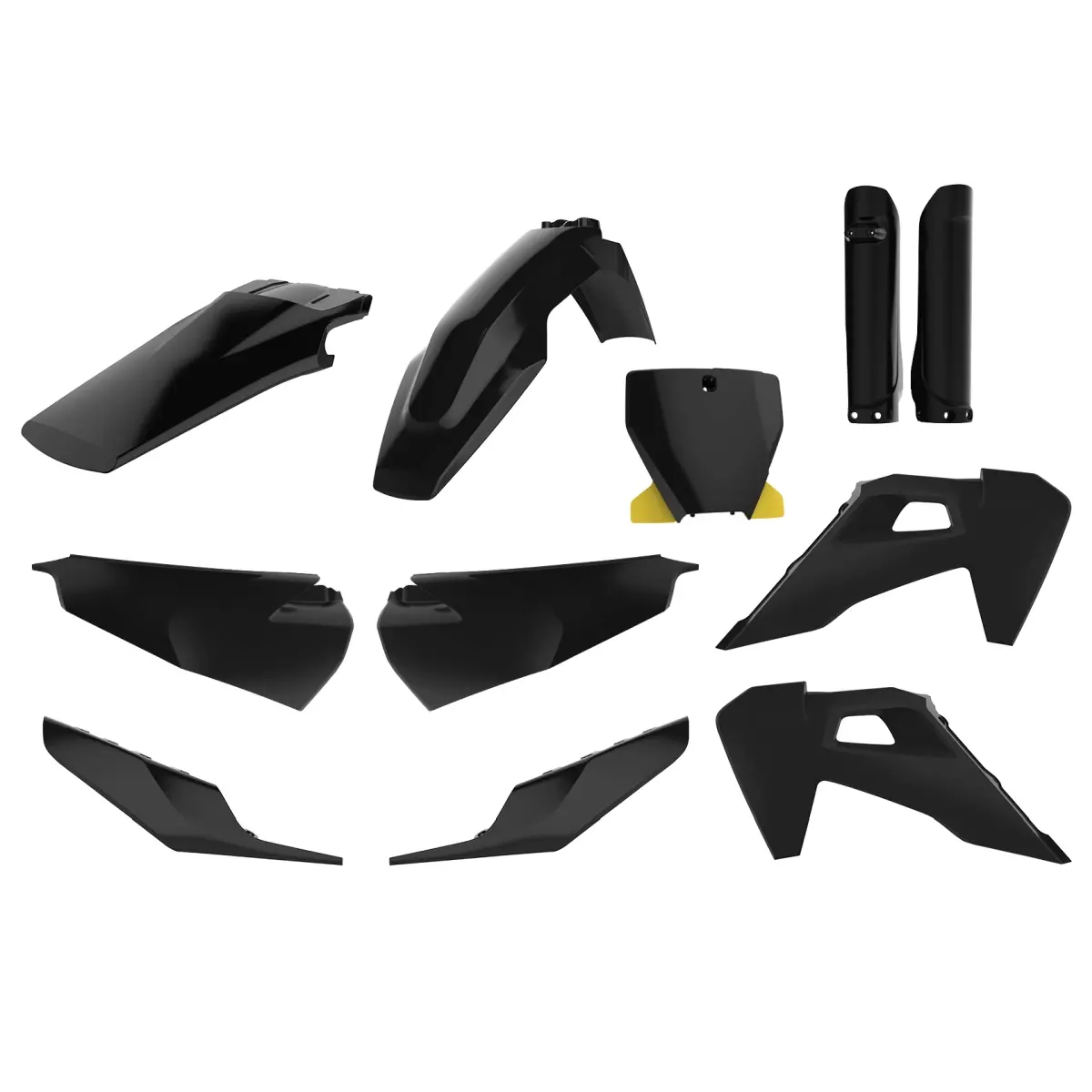 POLISPORT kompletní sada plastů (FULL KIT) HUSQVARNA TC/FC TPI 19-22 v sadě přední tabulka (8666500006) a kryty tlumičů (8398900002) barva černá