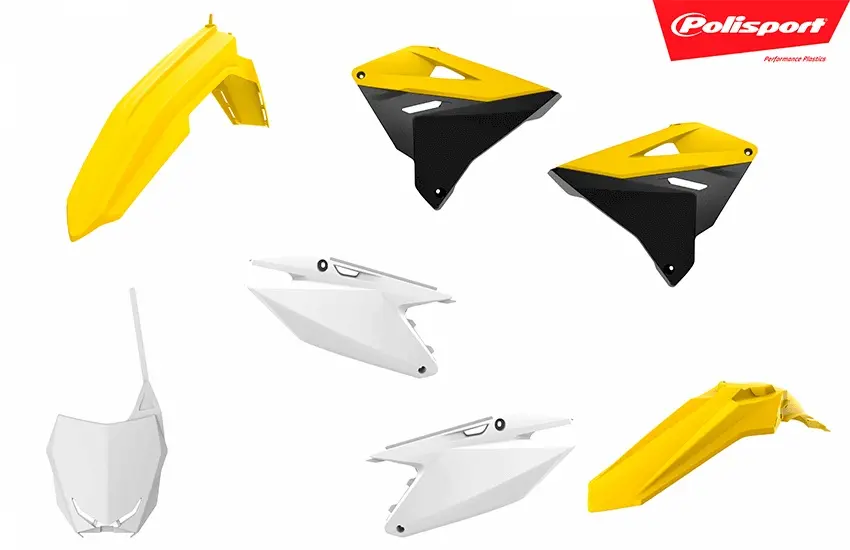 POLISPORT kompletní sada plastů SUZUKI RM 125/250 01-08 restyling na RMZ 450 22 barva žlutá/černá/bílá ( )