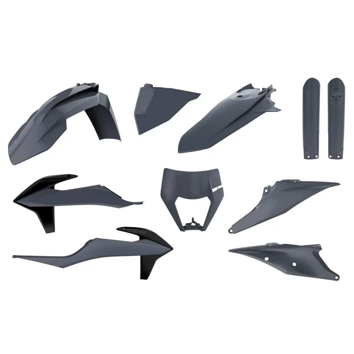 POLISPORT kompletní sada plastů (FULL KIT) KTM EXC/EXC-F TPI 20-23 v sadě kryt světla (8668600006) a kryty tlumičů (8398600011) barva šedá nardo šedá